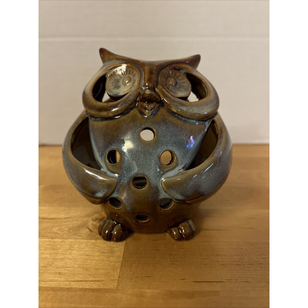 Pier 1 Imports Ceramic Owl Votive Candle Holder Brown Blue Drip Glaze MCM